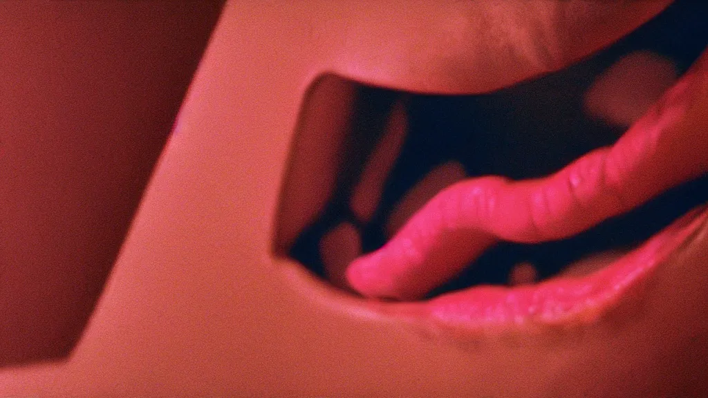 Prompt: the giant tongue in our living room, film still from the movie directed by Wes Anderson with art direction by Zdzisław Beksiński, wide lens