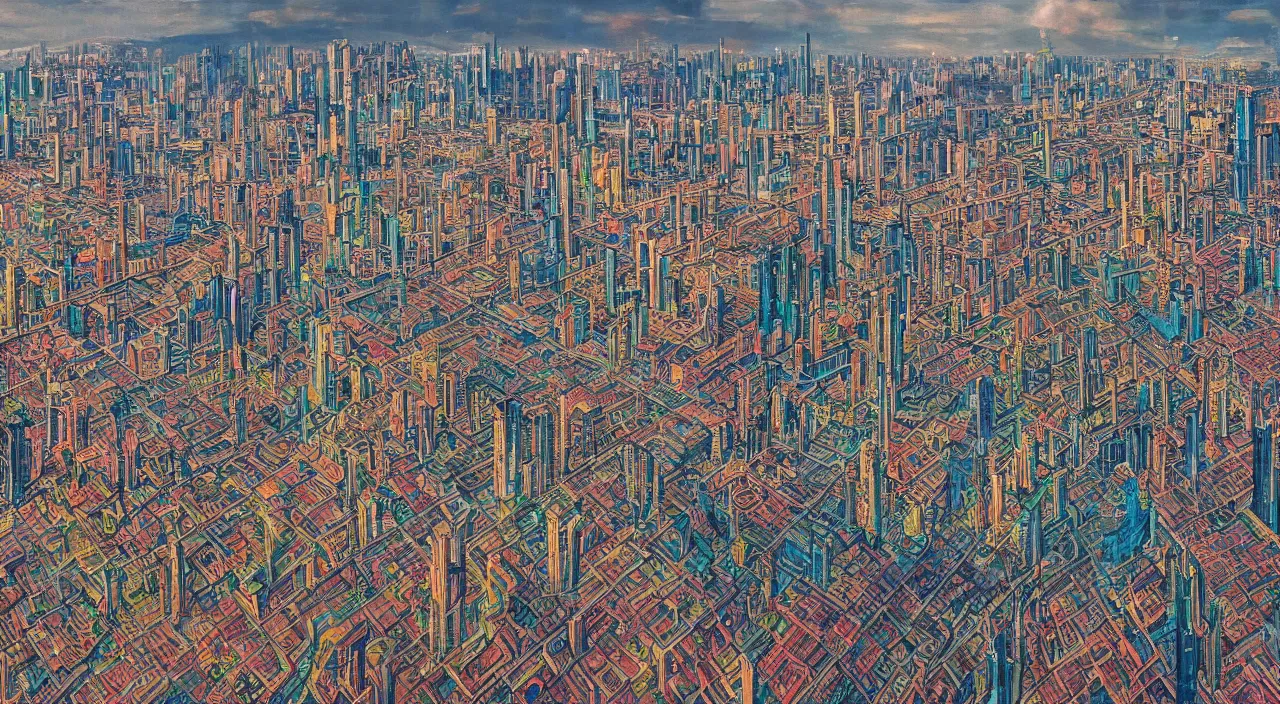 Image similar to a Stunning 3d painting of A Great cyberpunk city on the sea by Annibale Siconolfi,Retro colour,hyper detailed,Kowloon Walled City,8K Resolution