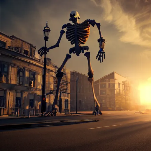 Prompt: Giant skeleton stands in the middle of the street, looks at the sun, volumetric lighting, hyperrealistic, beautiful details, HDR, octane render,