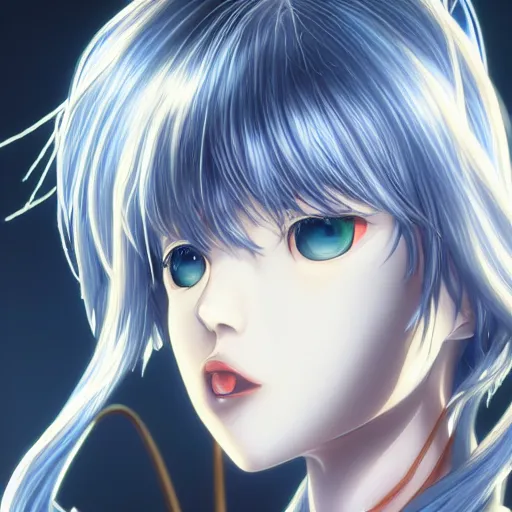 Prompt: Highly Detailed face of Rei Ayanami female anime character, technological big shiny silver liquid chrome rings, inside an otherworldly planet, closed eyes, silky thick gorgeous clean hair flowing on the wind, shot from the ground by Yoshiyuki Sadamoto, otherworldly experimental environment concept, digital art, trending on artstation, low level, 4K UHD image, octane render, Howl's Moving Castle, tranquil divine observer Nymph by ismail inceoglu nicola samori dragan bibin hans thoma greg rutkowski Alexandros Pyromallis Nekro, Jeffrey Smith, Surrealism, Rene Margitte illustrated, official anime key media, 8k, Sharp, zdzisław beksiński, highly detailed
