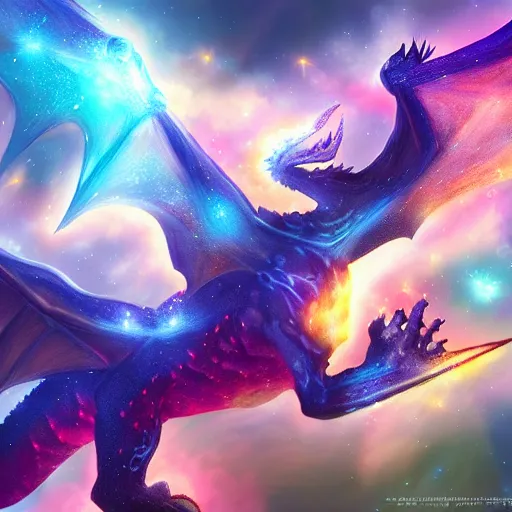 Image similar to legendary dragon magical pokemon , digital art , trending on artstation , highly detailed , space nebula background