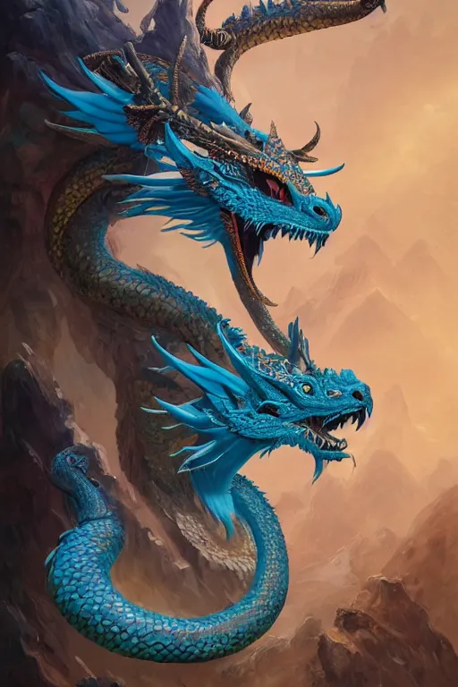 Prompt: cyan the complete dragon has a chinese dragon head, antlers, snake body, and eagle claws. the center of the picture hybrid fantasy, intricate, elegant, highly detailed, digital painting, artstation, concept art, matte, sharp focus, illustration by peter mohrbacher justin gerard zhang yu