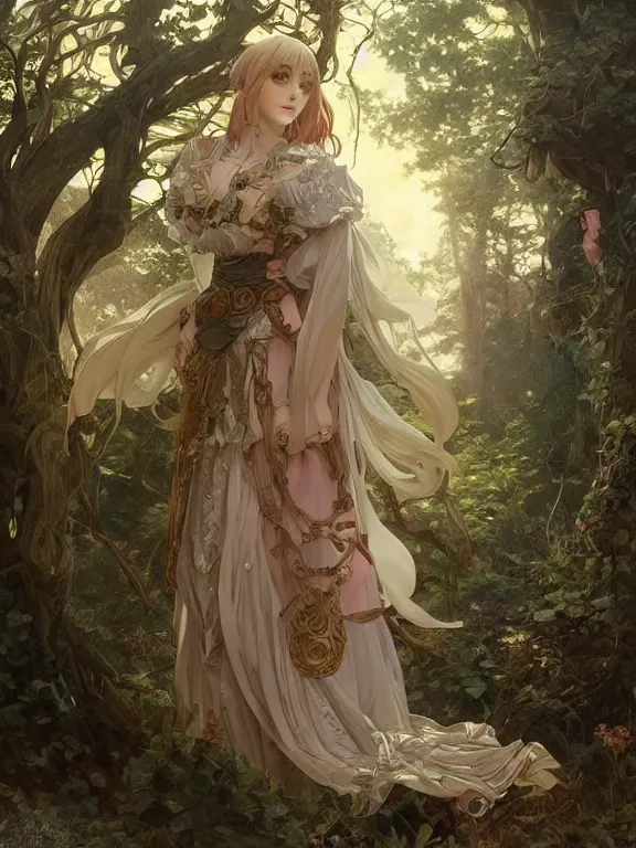 Prompt: anime key visual of leda with her back to the camera wearing a medieval gown!! intricate, magical forest, stunning, highly detailed, digital painting, artstation, smooth, hard focus, illustration, art by artgerm and greg rutkowski and alphonse mucha