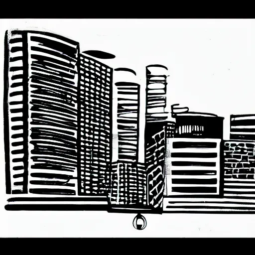 Image similar to a perfect circle, around the outer edge of the circle is the silhouette of a city skyline, inside the circle is empty, black and white, minimalist, in the style of a line drawing