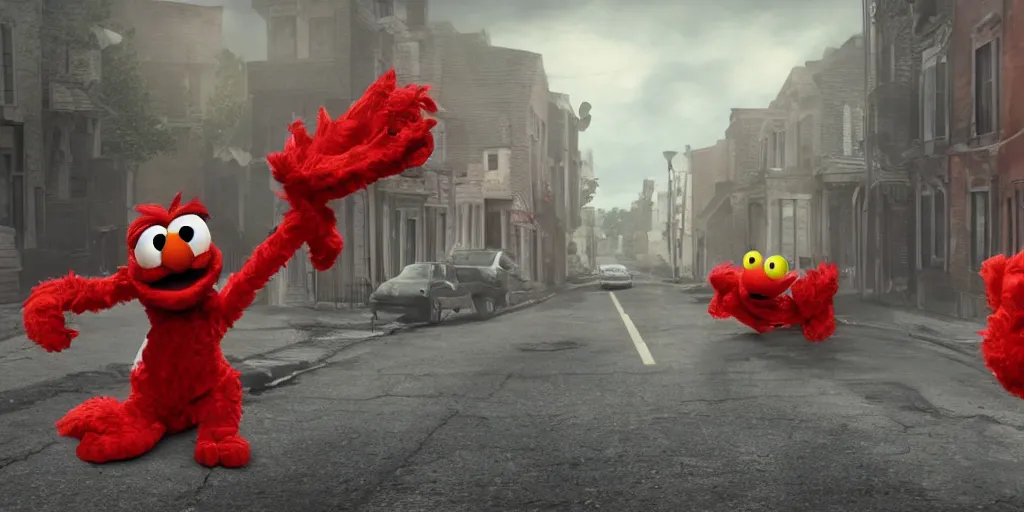 Image similar to realistic scene of elmo street in war, ultra realistic, 8 k