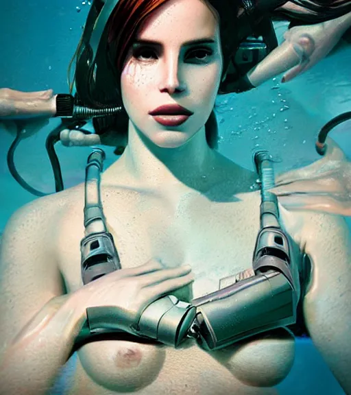 Image similar to underwater portrait of lana Del Rey as a cyborg, octane render, kingdom come by Alex Ross