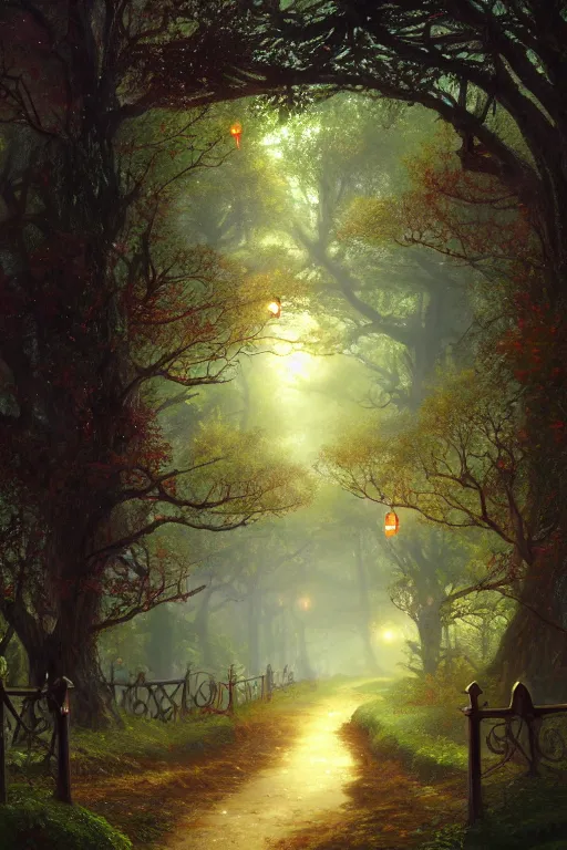 Prompt: a hq artstation, beautiful digital glossy clear sharp of a detailed mystical fantasy illustration concept art colorful forest trees fireflies nd iron gate road pathway fog by james gurney, tadema, dark constrast 8 k resolution trending on artstation