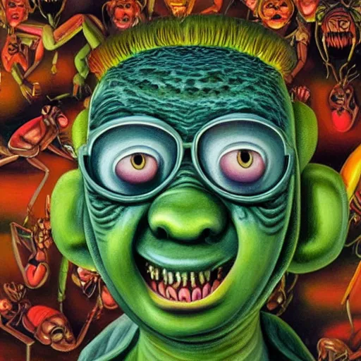 Prompt: beautiful lifelike painting of praying mantis garbage pail kid, hyperreal detailed facial features and uv lighting, art by ed roth and basil wolverton