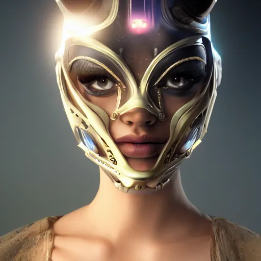 Prompt: A close-up portrait of a beautiful female cyborg wearing a venetian masquerade mask, exposed inner structure, glowing eyes, wlop, trending on artstation