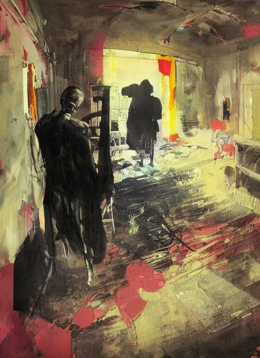 Image similar to two dark figures laughing inside a decayed Romanian motel room in the middle, in the style of Adrian ghenie and Francis bacon, part by Gerhard Richter, part Edward Hopper and part Petra cortright, highly detailed, very coherent, gothic horror, rich colours