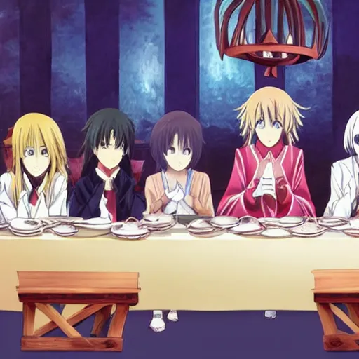 Image similar to the last supper in style of anime girl