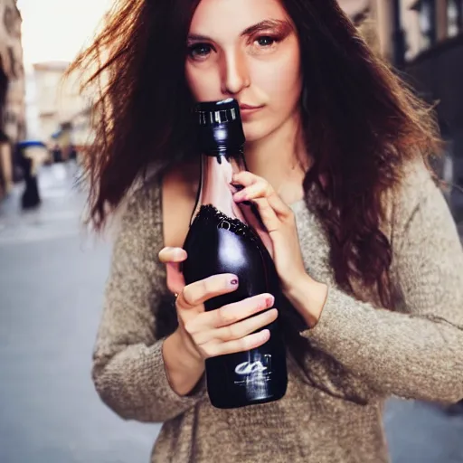 Prompt: photograph of woman holding a bottle in street, fashion shoot, award winning, kodak, 4 k, realistic intricate detail, hyper detail, woman very tired, full body potrait holding bottle, hazel green eyes, realistic, highlydetailed, natural, masterpiece, sharp focus,