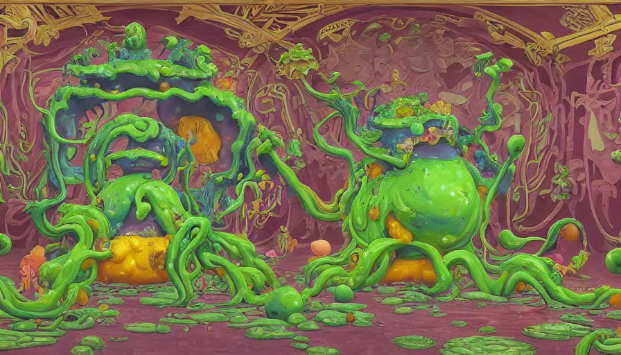 Image similar to the absolute worst, most grotesque and awful slime mold monster made of gelatinous fleshy blobs, in the style of okuda san miguel and katamari damacy. the monster is in an ornately gilded rococo art museum gallery designed by frank lloyd wright and donatello