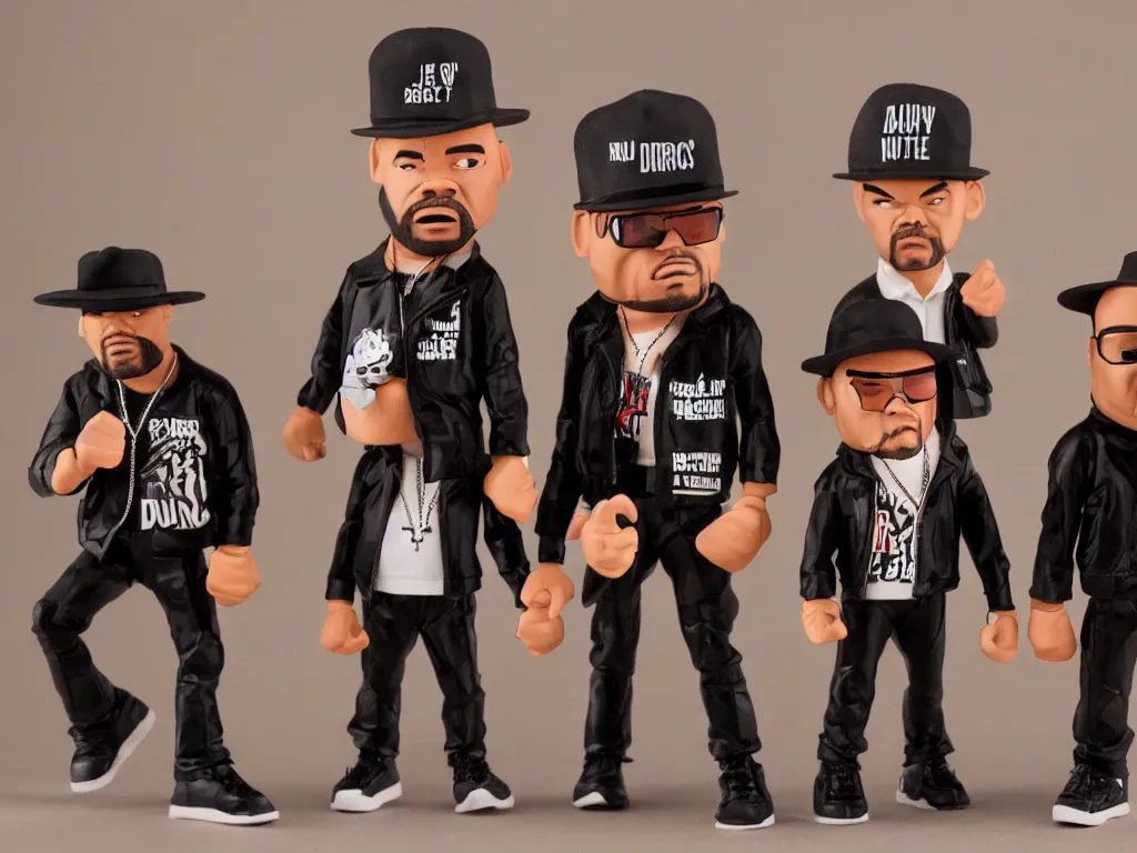 Prompt: run dmc as vinyl toys by pay jay figure, studio product photography, single strobe light, lowkey light, dark background