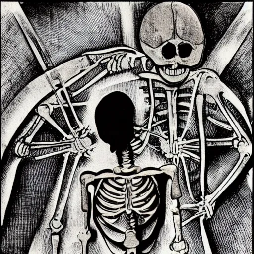 Image similar to jesus skeleton on earth inside a thermonuclear blast in the style of Max Ernst