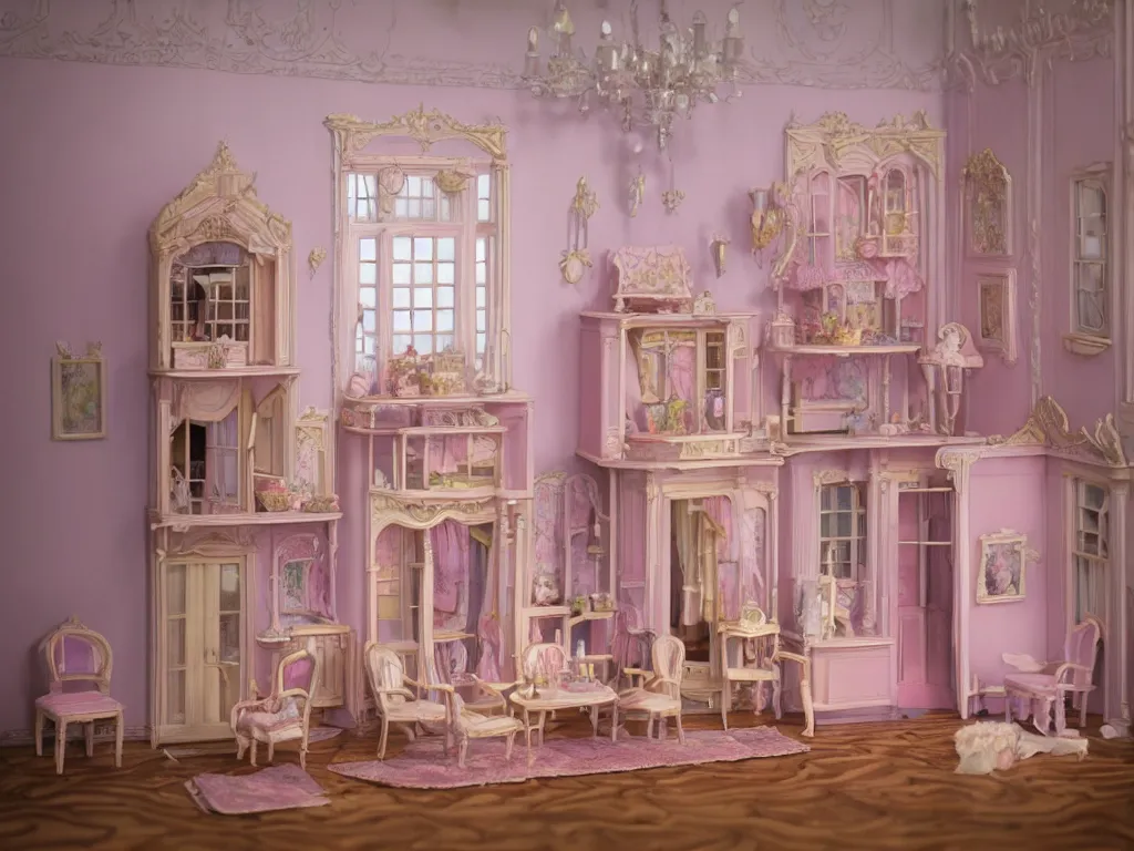 Image similar to hyperrealistic, highly detailed rendering, one source of light, interior of a victorian doll house, polly pocket, cute, strange, pastel tones, victorian furnitures, low natural light, volumetric light windows, oak wood floor, luxe, 8 k, ultra wide angle