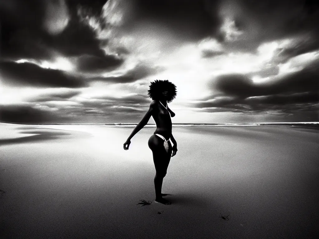 Image similar to a black woman experiencing timelessness on a desert beach, early morning, golden hour, altered state, beautiful, moody, cinematic lighting highly detailed, inspired by detailed graphic novel cover art, photo by sebastiao salgado