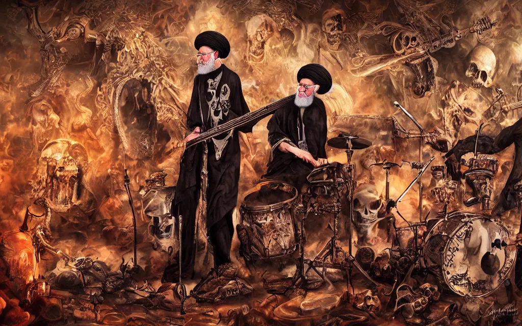 Image similar to khamenei playing drums in heavy metal band in hell, corded hanged bodies in horizon, skulls on the ground, guns, high definition, trending on artstation, unreal engine, photorealistic, high resolution,, trending on deviantart, hdr, hyper detailed, insane details, intricate, elite, ornate, elegant, luxury, dramatic lighting