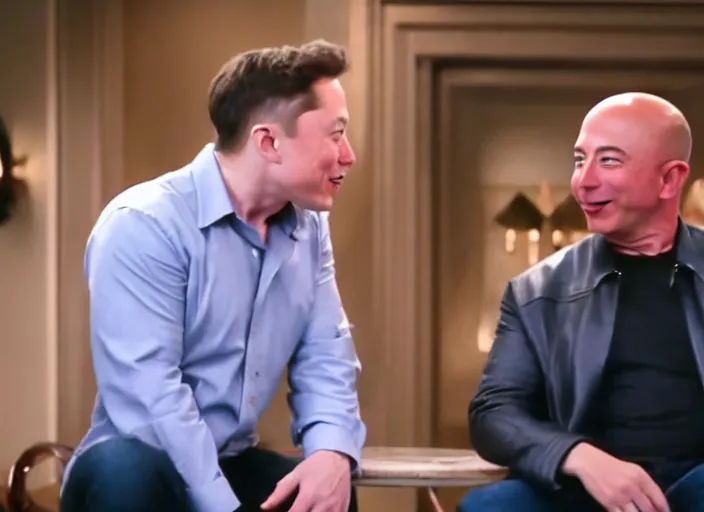 Prompt: film still of elon musk and jeff bezos falling in love in sleepless in seatle, 4 k