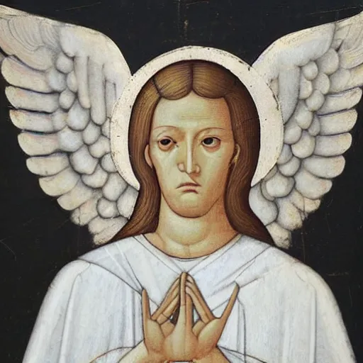 Image similar to realistic medieval painting portrait of white angel with clean narrow face like noface, 3 / 4, miracle light coming up from the head up and up, misty space, grace and blessing, sfumato effect, by by bill stoneham, renaissance, christianity, marble stone, glow effect, white background