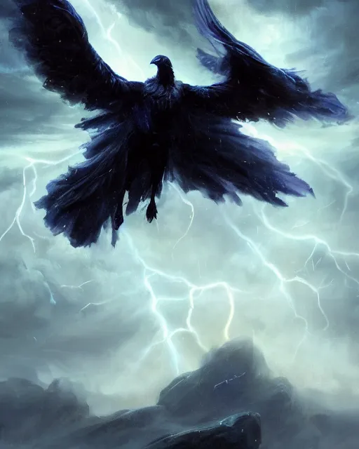 Image similar to oil painting of Anthropomorphized Elemental Raven casting spell, magical runes flying, wearing fur cloak, sharp focus, lightning storm background, magical aura, heroic pose, fantasy style, octane render, volumetric lighting, 8k high definition, by greg rutkowski, highly detailed, trending on art Station, magic the gathering artwork, Thunderstorm background, centered, dramatic artwork