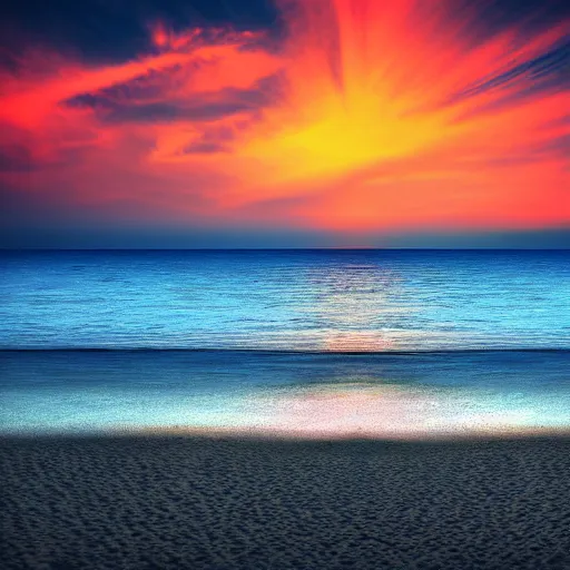 Image similar to blue sunset over green beach, 4k realistic photo