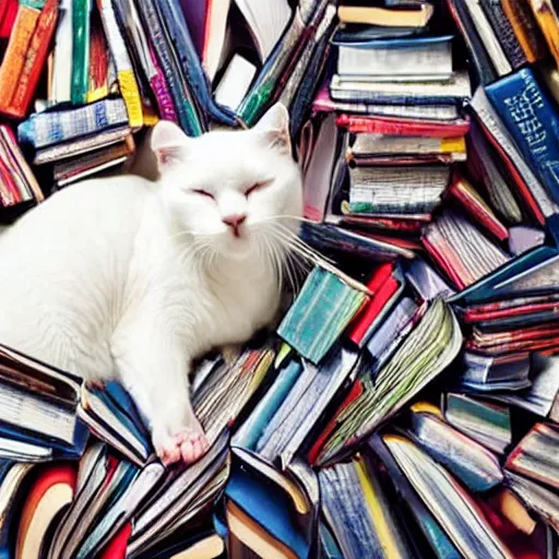 Prompt: a beautiful white cat sleeping on a pile of colorful books