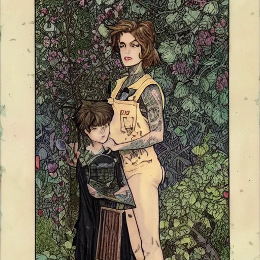 Image similar to short - haired tattooed heroic stoic handsome muscular blonde butch tomboy woman engineer in overalls standing beside dark fae feathered gothic jennifer connelly in black cloak standing together in a beautiful lush garden at night, in love, highly detailed, trending on art station, mucha