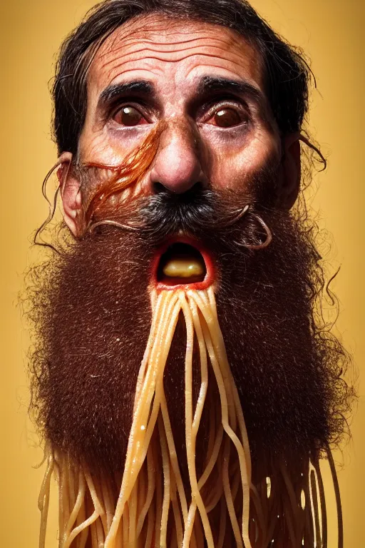 Prompt: extremely detailed portrait of old italian cook, spaghetti mustache, slurping spaghetti, spaghetti in the nostrils, spaghetti hair, spaghetti beard, huge surprised eyes, shocked expression, scarf made from spaghetti, full frame, award winning photo by jimmy nelson