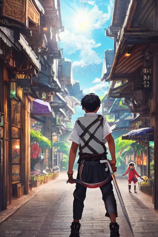 Image similar to ultra detailed keyart of sci - fy movie, a boy carrying a sword in his back is riding a simple bycycle in the main street of isekai shinjuku