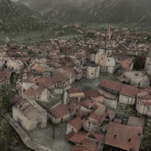 Image similar to the center of a poor medieval town under heavy rain at late dawn, in a valley, surrounded by mountains, highly detailed, octane render, ultra detailed cinematic, 8 k, widescreen, hd