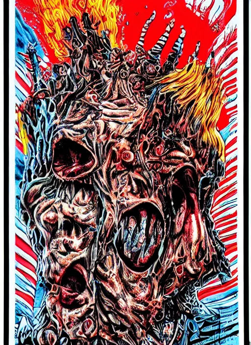 Prompt: Donald Trump's disgusting true form on a 1990s horror movie poster, inking, vintage 90s print, detailed, scary, horror, screen print, bright colors, trending on artstation