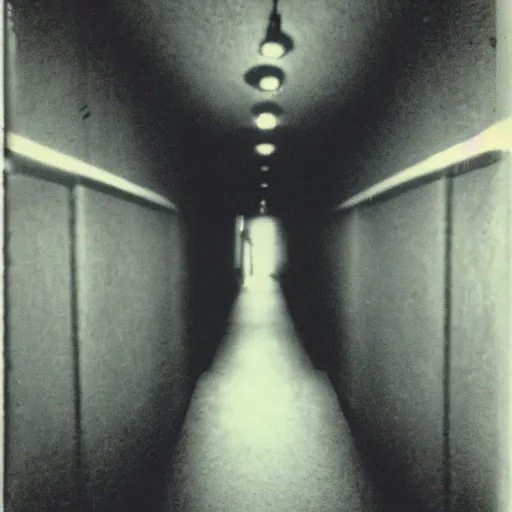 Image similar to a terrifying creature at the end of a hallway, dark!, creepy, nightmare fuel!!!, unsettling, uncanny valley!, old polaroid, expired film,