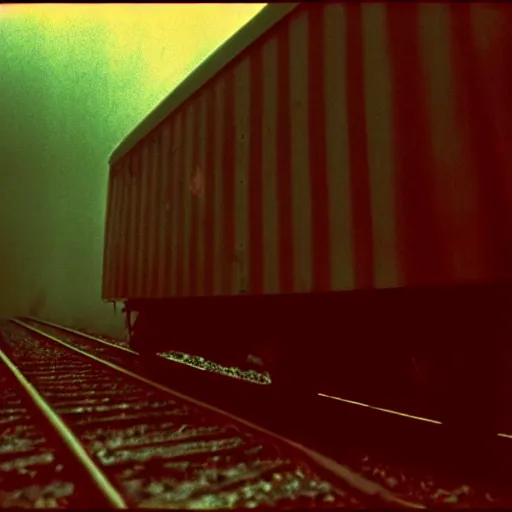 Image similar to the disembodied spirit of a dangerous railroad demon, Boxcar on the railroad, atmospheric and depressed, Cinematic, 35mm, film still from a horror movie