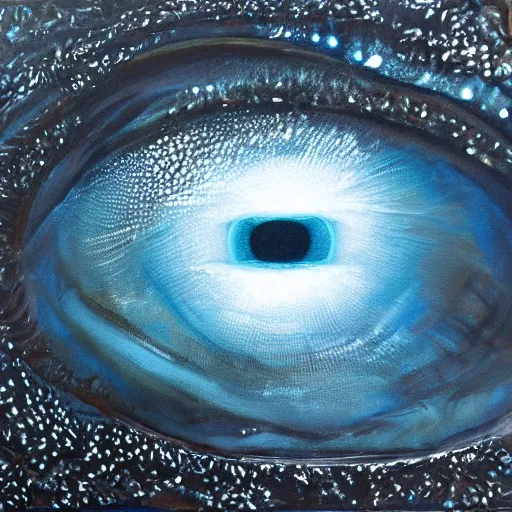 Image similar to a highly detailed photorealistic painting of a human eye reflecting outer space