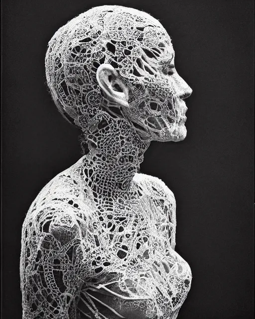 Image similar to a woman's face in profile, made of intricate decorative lace skeleton, in the style of the dutch masters and gregory crewdson, dark and moody