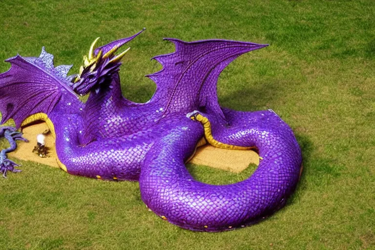 Prompt: a purple and gold dragon laying on its back, relaxing dragon