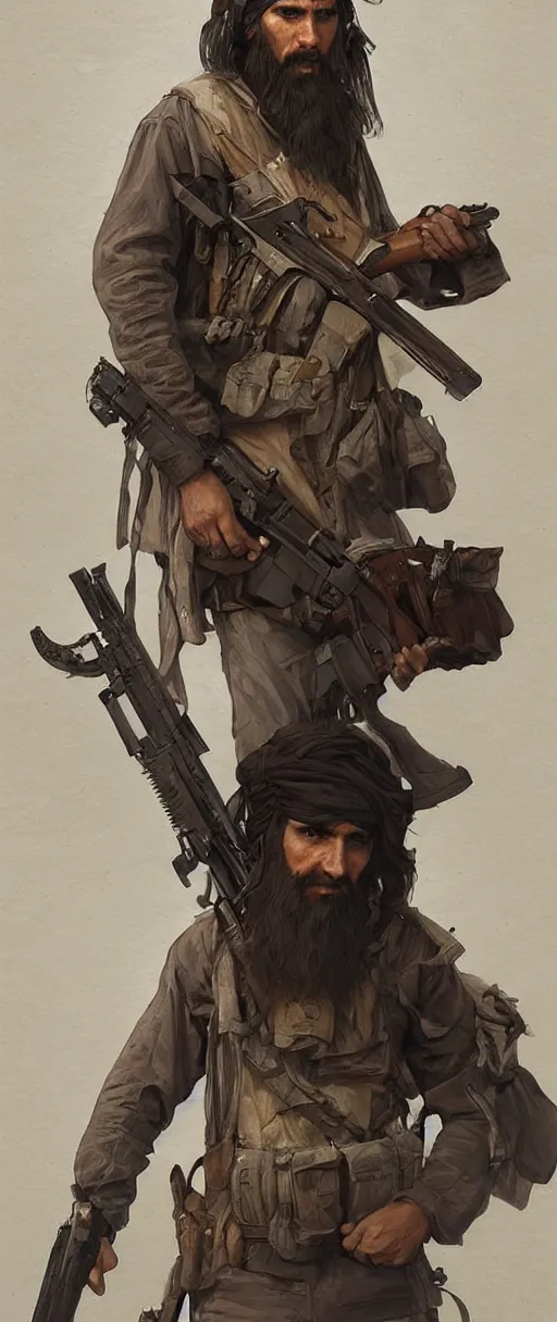 Image similar to male cottagecore taliban leader holding a kalashnikov rifle. intricate, elegant. highly detailed, digital painting, artstation, concept art, smooth, sharp, focus, illustration.. art by artgerm and greg rutkowski and alphonse mucha