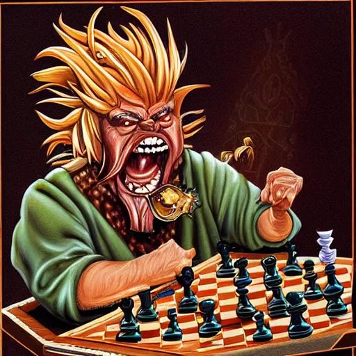 Image similar to A Beholder from Dungeons & Dragons playing chess with Guy Fieri, drawn by Boris Vallejo, highly detailed, intricate rendering