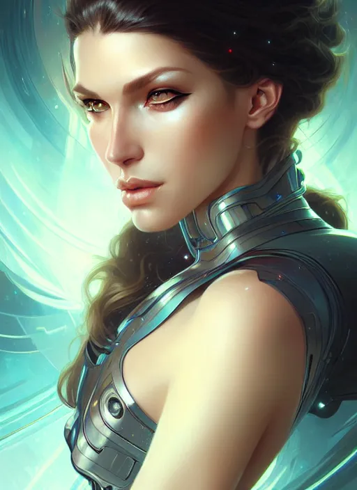 Image similar to futuristic woman portrait, sci-fi, amber eyes, face, long hair, fantasy, intricate, elegant, highly detailed, digital painting, artstation, concept art, smooth, sharp focus, illustration, art by artgerm and greg rutkowski and alphonse mucha