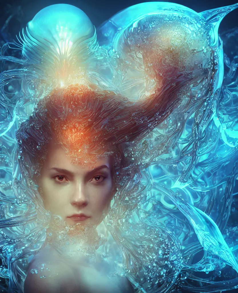 Image similar to close-up macro portrait of the face of a beautiful princess, epic angle and pose, symmetrical artwork, 3d with depth of field, blurred background, cybernetic jellyfish female face skull phoenix bird, translucent, nautilus, energy flows of water and fire. a highly detailed epic cinematic concept art CG render. made in Maya, Blender and Photoshop, octane render, excellent composition, cinematic dystopian brutalist atmosphere, dynamic dramatic cinematic lighting, aesthetic, very inspirational, arthouse. y Greg Rutkowski, Ilya Kuvshinov, WLOP, Stanley Artgerm Lau, Ruan Jia and Fenghua Zhong