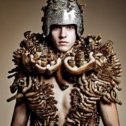 Image similar to a portrait of a beautiful young male wearing an alexander mcqueen armor made of wild mushrooms , photographed by andrew thomas huang, artistic