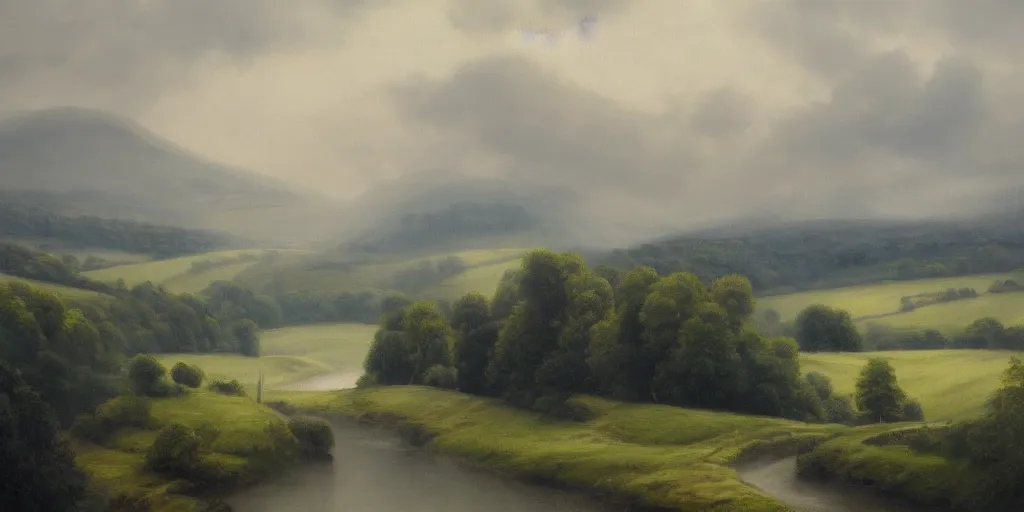 Prompt: a beautiful landscape painting of a yorkshire countryside valley with a river, foggy atmosphere, oil on canvas, highly detailed, hd, 4 k