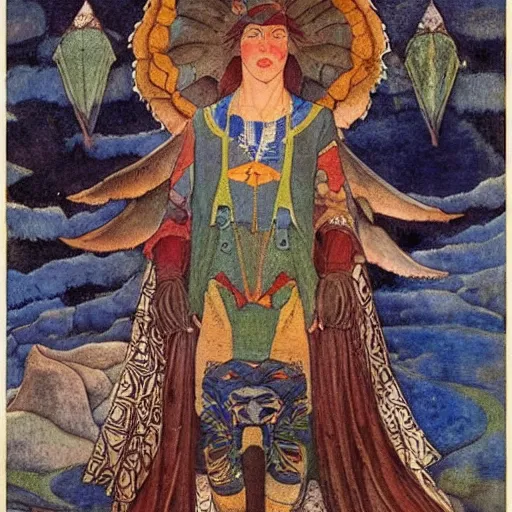 Prompt: the crow prince, by Annie Swynnerton!!!! and Nicholas Roerich! and (Edmund Dulac) and (((Diego Rivera))), embroidered brocade, tattoos, elaborate costume, geometric ornament, symbolist, rich colors, dramatic lighting, smooth, sharp focus, extremely detailed