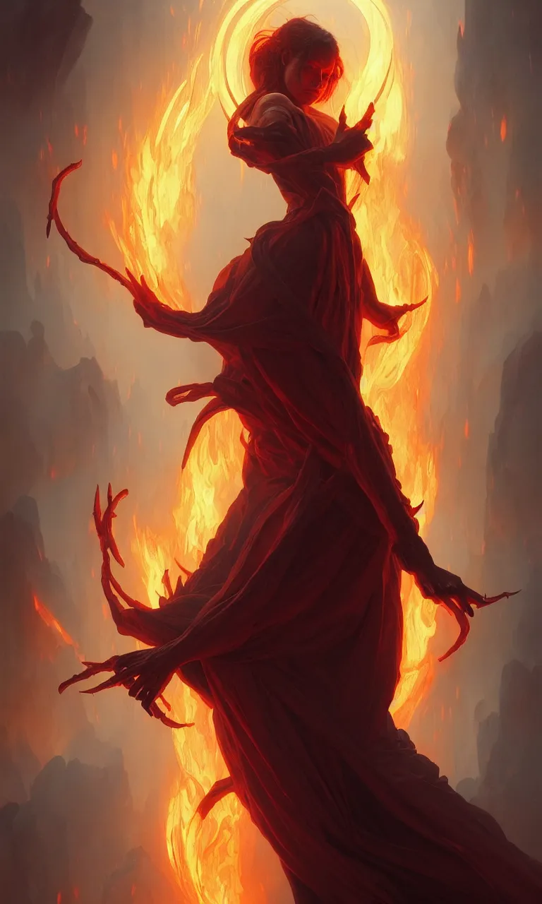 Prompt: Purgatory, fire вevil woman in hell. The gateway to the infernal underworld. Devils demons, highly detailed, digital painting, artstation, concept art, smooth, sharp focus, illustration, art by artgerm and greg rutkowski and alphonse mucha