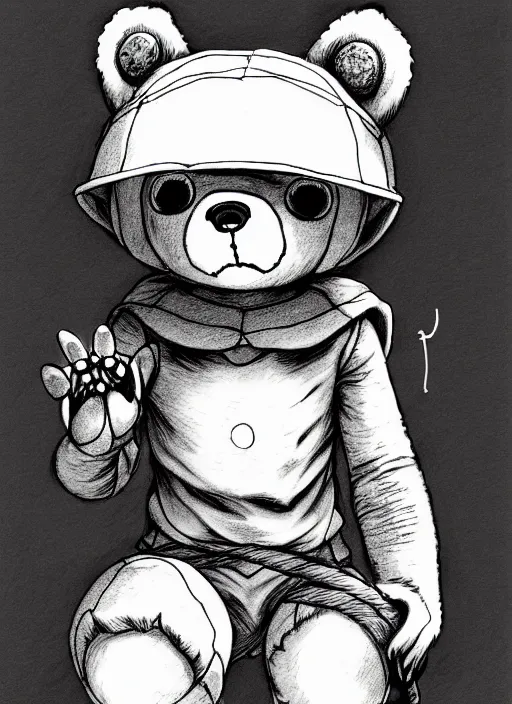 Image similar to beautiful little boy wearing an cyborg bear suit, artwork in kentaro miura and made in abyss and rosdraws, smooth, beautiful lightness, anatomically correct, trending on pixiv, forest