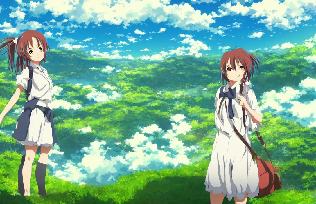 Prompt: an Anime Background Photo of a Valley with green plains and blue sky, with a cute anime girl standing, digital art, studio ghibli