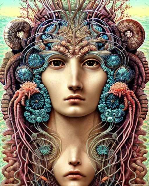 Prompt: hyperrealistic detailed underwater face portrait of the beautiful goddess of the jellyfish with an intricate headgear of corals, sea kelp, sea plants, fish, starfish, jellyfish, art by ernst haeckel, john william godward, android jones, gothic - cyberpunk, ornamental, beautiful deep colours,