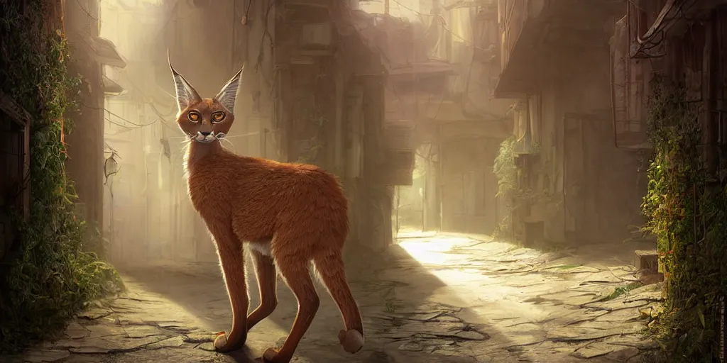 Prompt: a cute caracal in an abandoned alleyway, medium shot, waist up, studio Ghibli, Pixar and Disney animation, sharp, very detailed, high resolution, Rendered in Unreal Engine 5, anime key art by Greg Rutkowski, Bloom, dramatic lighting