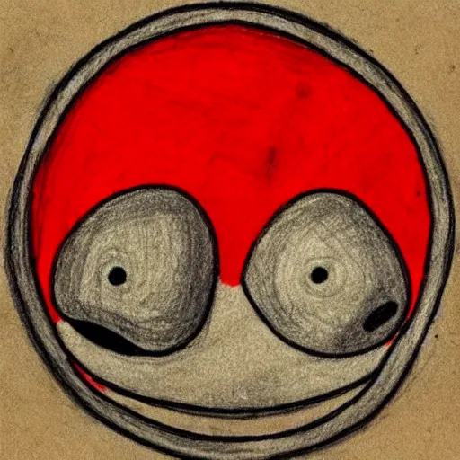 Image similar to primitive drawing of smiling circle face with red eyes thumb up. Сhild drawing picture